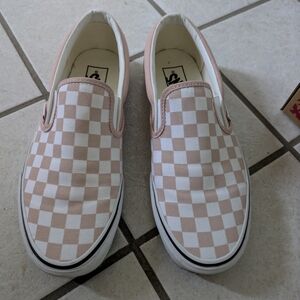 Vans Women's Checkered Slip-On Shoes - Pink and White